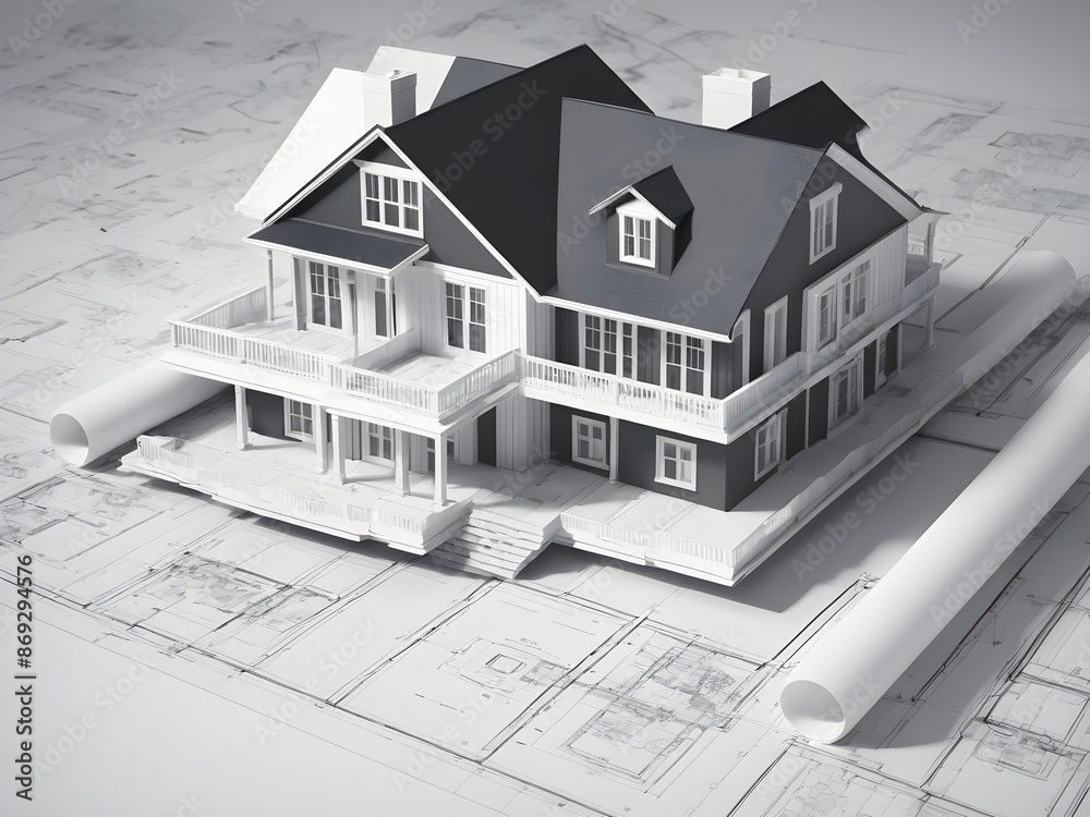 Detailed black and white architectural blueprint with a 3d model of a house design