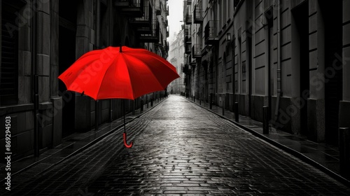 A red umbrella on the street