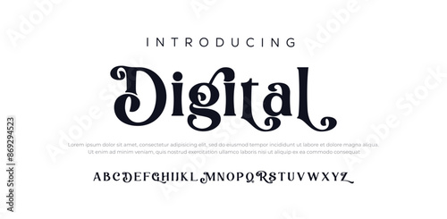 Digital Vector of stylized chunky outline alphabet design with uppercase, numbers and symbols