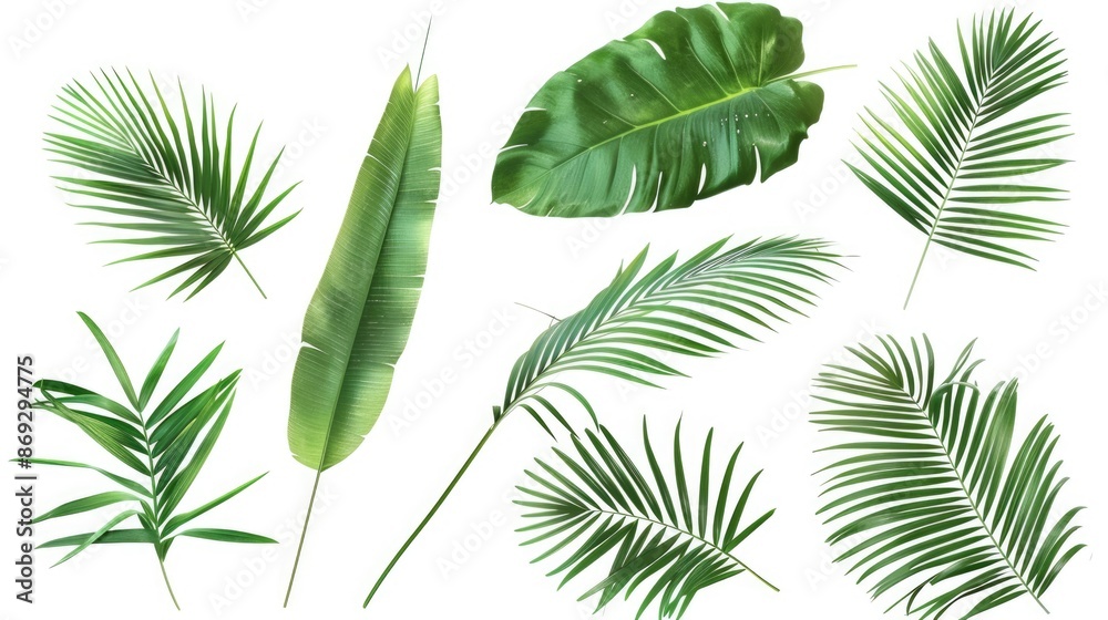 Collection of tropical leaves arranged neatly on a white background, ideal for use in design and editorial projects Collection of tropical leaves arranged neatly on a white background, ideal for use in design and editorial projects
