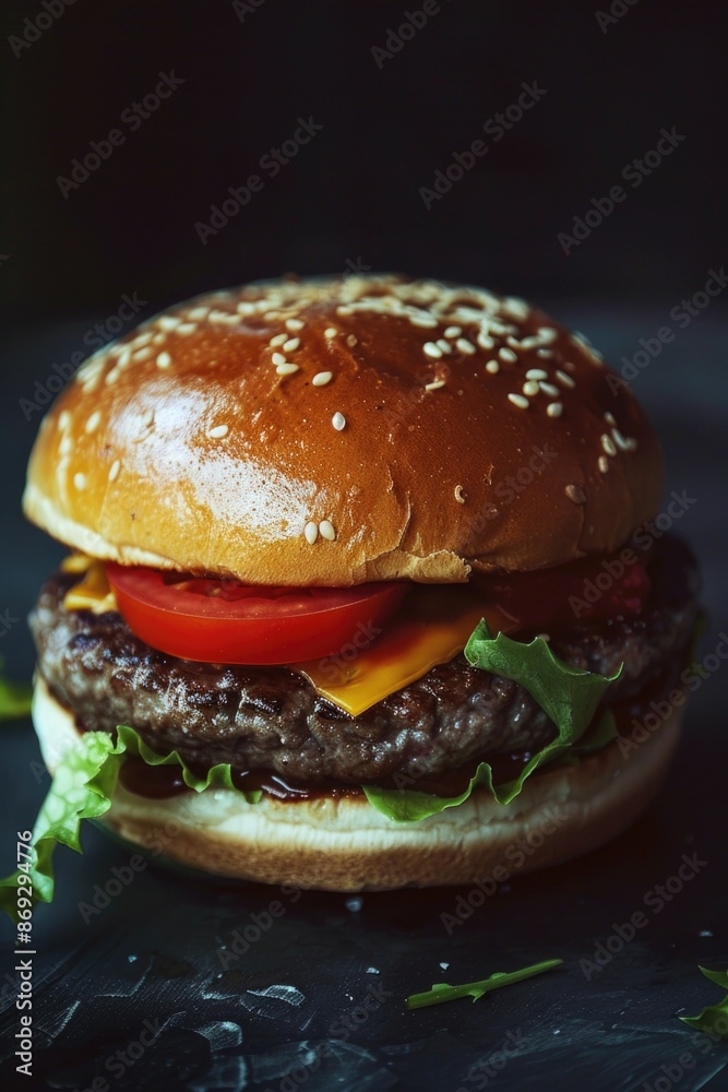 A delicious burger topped with crisp lettuce, juicy tomato, and melted cheese A delicious burger topped with crisp lettuce, juicy tomato, and melted cheese
