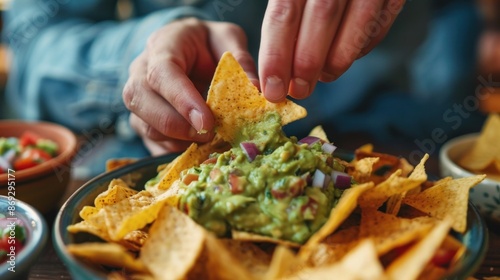 Close up of man dipping nacho chips in guacamole photo