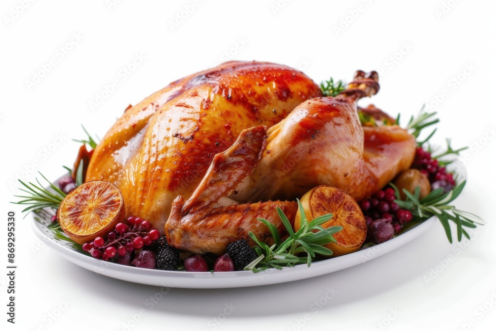 Roast Turkey on a plate against a white background. A traditional Thanksgiving and Christmas dish. Roast Turkey on a plate against a white background. A traditional Thanksgiving and Christmas dish.