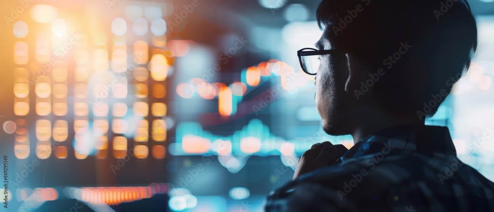 Silhouette of a businessman with a stock market overlay, financial strategy, market trends Silhouette of a businessman with a stock market overlay, financial strategy, market trends