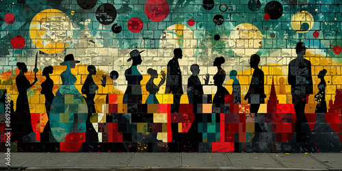 A colorful mural depicting silhouettes of people in a procession, symbolizing Juneteenth with vibrant colors and abstract patterns, set against a brick wall.