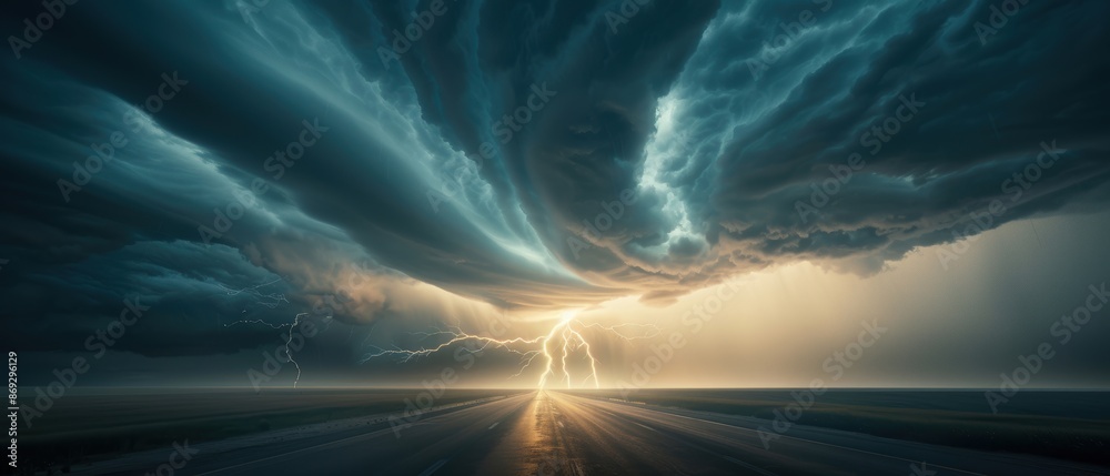 Intense lightning storm over a deserted highway, eerie atmosphere, natural danger Intense lightning storm over a deserted highway, eerie atmosphere, natural danger