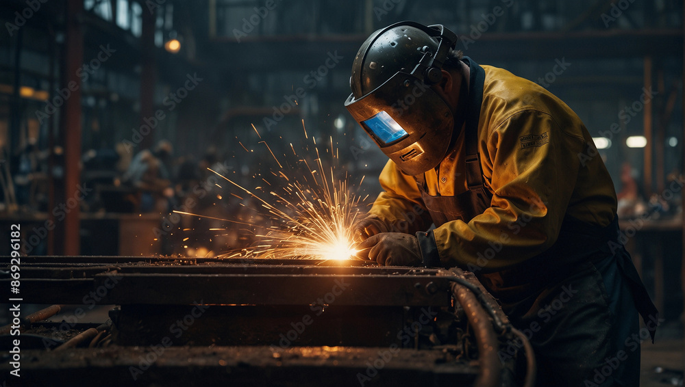 Metal welder professional works production of metal structures, Generative AI illustration Metal welder professional works production of metal structures, Generative AI illustration