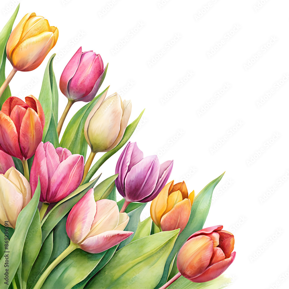 Watercolor tulip on the left side and right side is empty for text Watercolor tulip on the left side and right side is empty for text