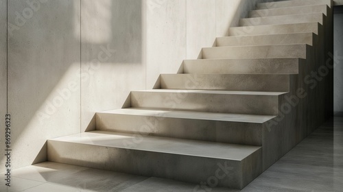 Concrete staircase in a modern interior with sunlight casting shadows.