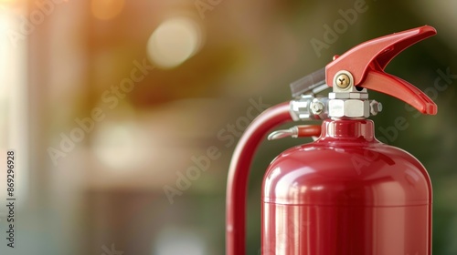 Close-up of a fire extinguisher with a safety pin removed, fire safety, emergency equipment photo