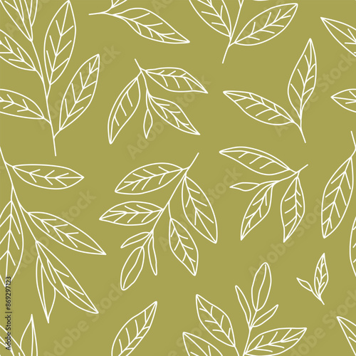 Linear hand-drawn tea leaves seamless pattern. Line art sketch of tea branches. Green and black tea. Doodle botanicals. Plant. Nature. Background, wallpaper, digital paper.