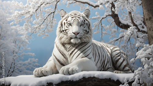 A white tiger is lying on a snowy rock