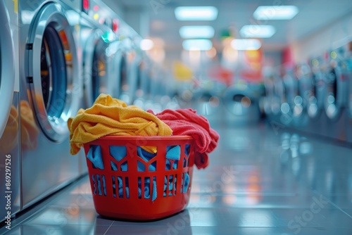 A red basket full of clothes sits on a tiled floor