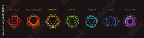 Colorful vector poster of the seven chakra symbols arranged horizontally on a black background. Each chakra is depicted as a unique geometric shape with its Sanskrit name above in matching color.
