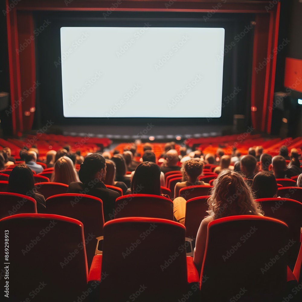 Cinema hall with white blank screen. Rows of seats, red cinema chairs. Theater empty scene. Movie theatre. Generative AI Cinema hall with white blank screen. Rows of seats, red cinema chairs. Theater empty scene. Movie theatre. Generative AI