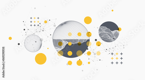 Sphere  theme with connected lines in technology style background. Wireframe illustration. Abstract 3d grid design. Hand drawn.