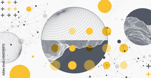 Sphere  theme with connected lines in technology style background. Wireframe illustration. Abstract 3d grid design. Hand drawn.