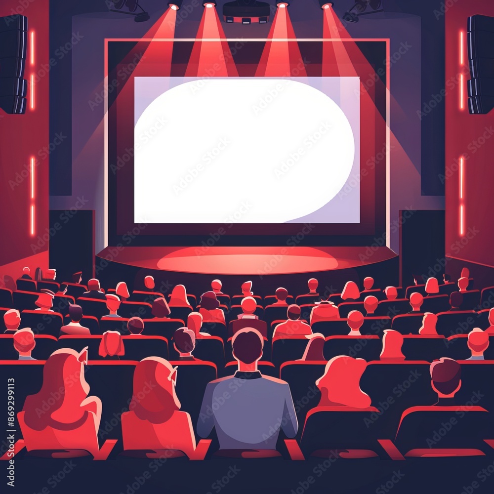 Obraz premium Cinema hall with white blank screen. Rows of seats, red cinema chairs. Theater empty scene. Movie theatre. Generative AI