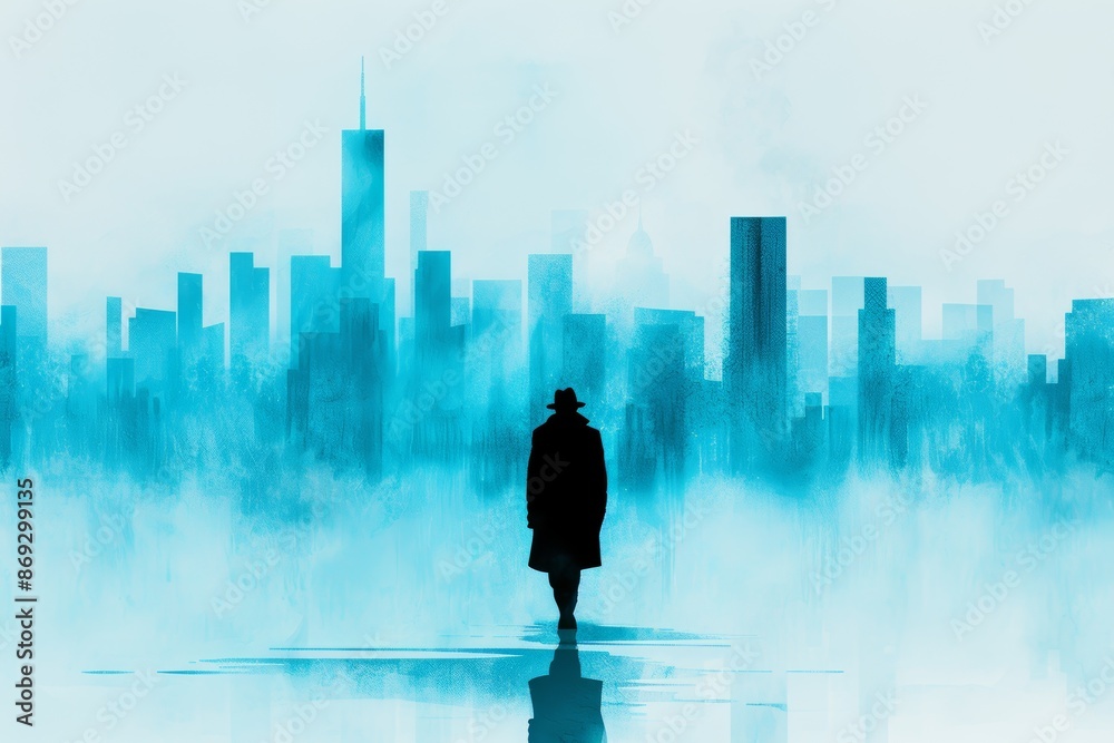 Silhouette of a person in a foggy cityscape with tall buildings, creating a mysterious and atmospheric scene. Silhouette of a person in a foggy cityscape with tall buildings, creating a mysterious and atmospheric scene.