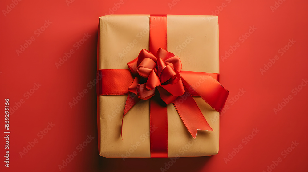 Beautiful minimalistic multi-purpose composition with a gift box wrapped and tied with satin ribbon. Holiday presents in festive wrapping. Background, close-up, top view, flat lay design Beautiful minimalistic multi-purpose composition with a gift box wrapped and tied with satin ribbon. Holiday presents in festive wrapping. Background, close-up, top view, flat lay design