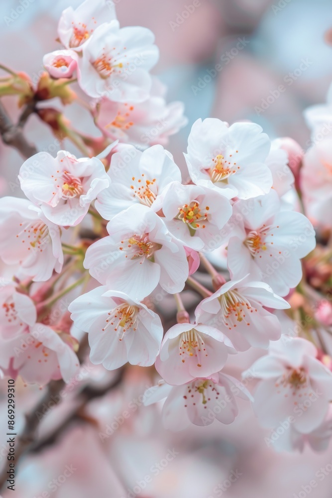 A close-up shot of a bunch of flowers growing on a tree branch, with green leaves and stems A close-up shot of a bunch of flowers growing on a tree branch, with green leaves and stems