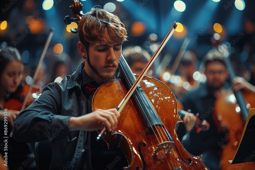 Fototapeta premium Young Musician Playing Cello During Orchestra Performance