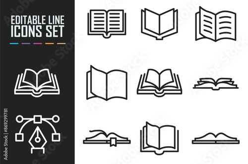 Open book line icon set. Diary, open book, pages, bookmark, magazine etc. Editable stroke