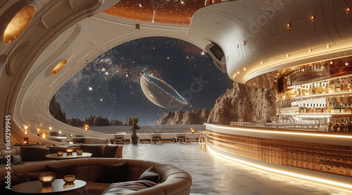 Fototapeta Naklejka Na Ścianę i Meble -  A luxury resort bar and lounge in outer space, there is a space ship outside of a large window. Generative AI.