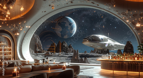 Fototapeta Naklejka Na Ścianę i Meble -  A luxury resort bar and lounge in outer space, there is a space ship outside of a large window. Generative AI.
