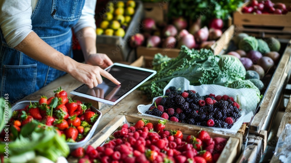 Expert in nutrition consulting a digital tablet, with an assortment of berries and greens on the table Expert in nutrition consulting a digital tablet, with an assortment of berries and greens on the table