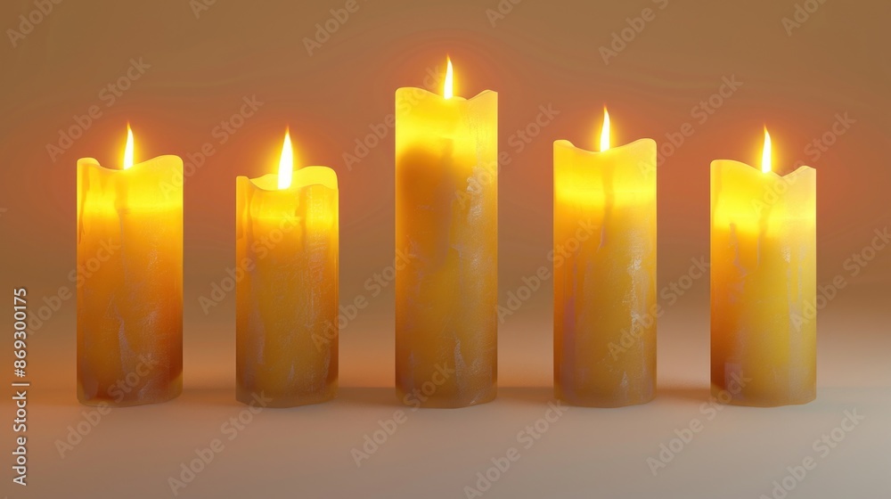 A cluster of bright yellow candles arranged together on a surface A cluster of bright yellow candles arranged together on a surface