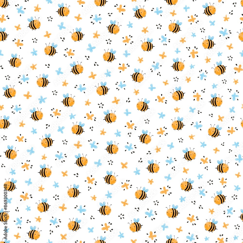 Bees with blue, yellow flowers and black drops on a white background Bees with blue, yellow flowers and black drops on a white background
