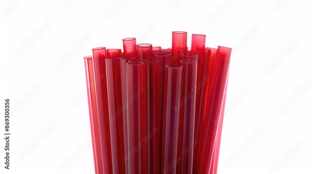 A collection of bright red drinking straws placed neatly in a glass container A collection of bright red drinking straws placed neatly in a glass container