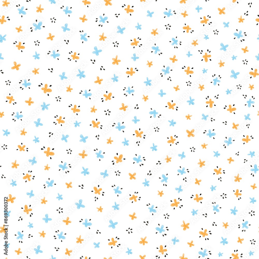 Blue and yellow flowers with black drops on a white background Blue and yellow flowers with black drops on a white background