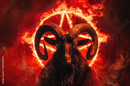 A goat with horns and a pentagram symbol in the background