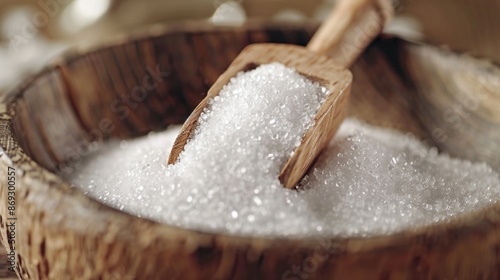 A wooden bowl filled with white sugar and a wooden scoop, ideal for baking or decorating