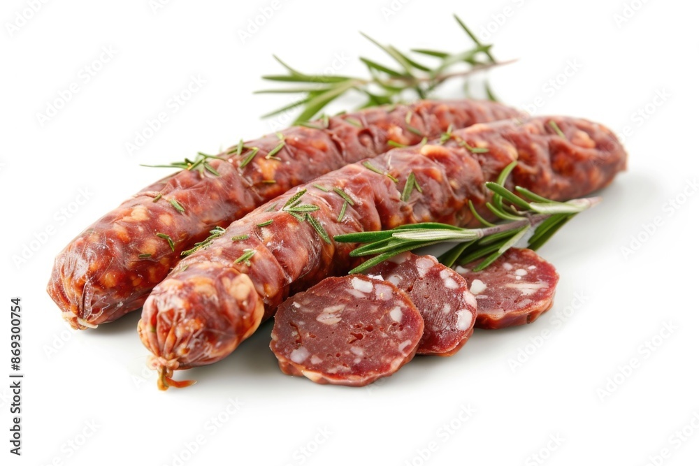 Fresh sausages arranged with fragrant rosemary sprigs on a clean white surface Fresh sausages arranged with fragrant rosemary sprigs on a clean white surface