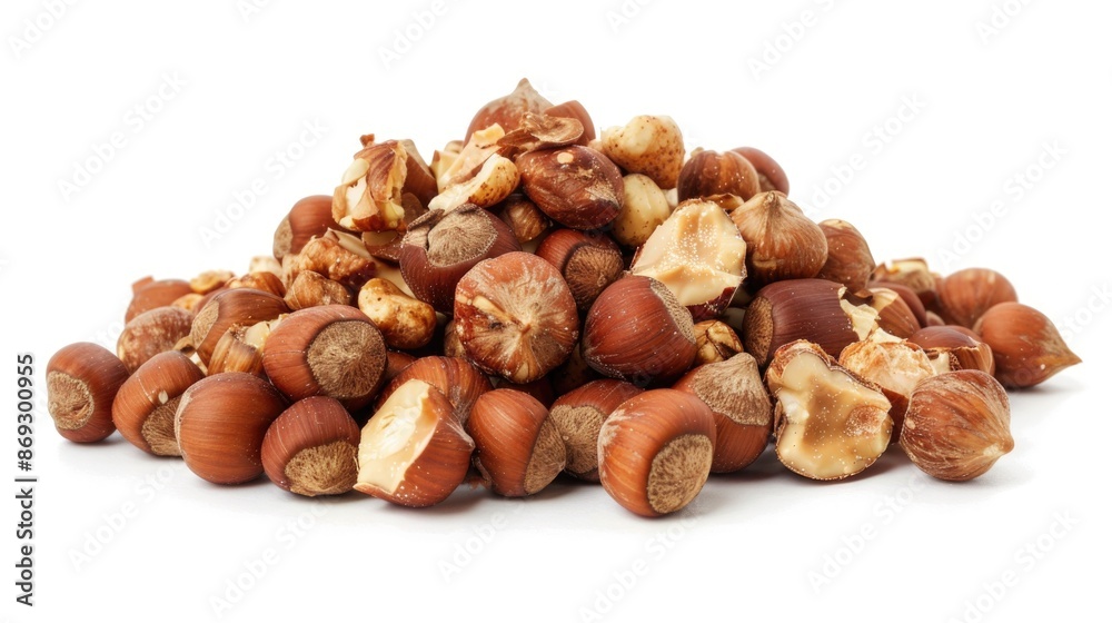 A cluster of variously sized and shaped nuts on a clean white background A cluster of variously sized and shaped nuts on a clean white background