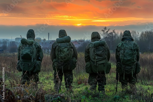 Four Soldiers Facing the Sunrise With Backpacks in Rural Area © denklim