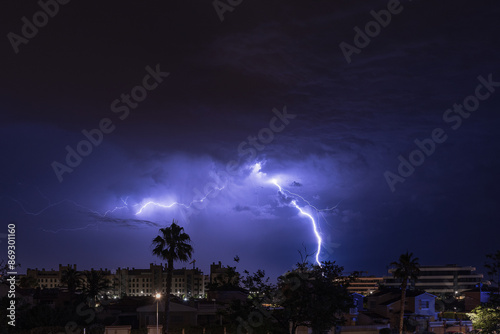 Lightning over the a residential area of Torremolinos, in Spain