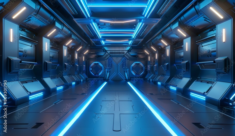 Black interior of a spaceship with blue light, tunnel, corridor, futuristic view from the front Black interior of a spaceship with blue light, tunnel, corridor, futuristic view from the front