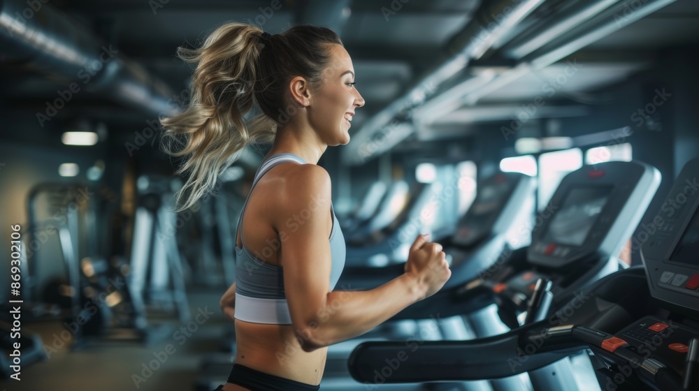 Runner on a treadmill running on the side profile. Runner on a treadmill running on the side profile.