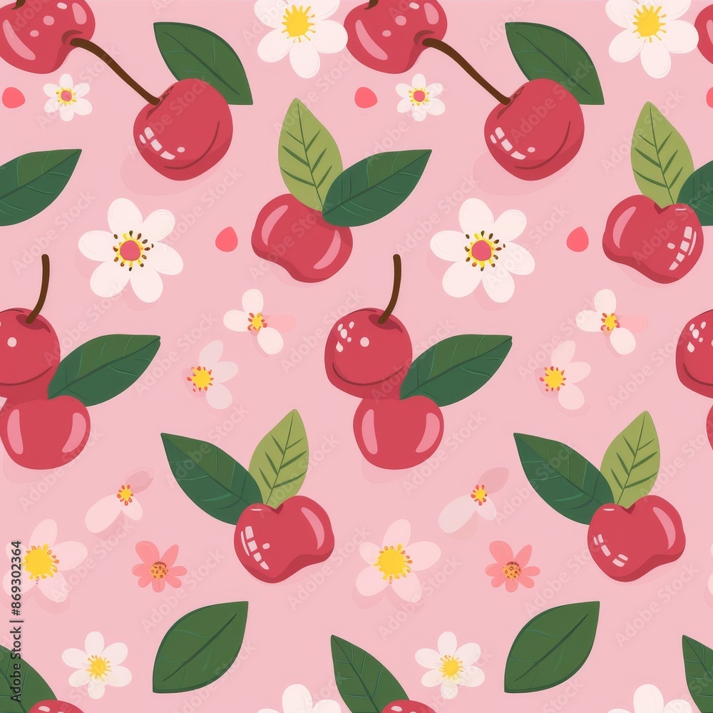 An elegant summer seamless pattern with cherries, flowers, and fresh fruits on a modern background An elegant summer seamless pattern with cherries, flowers, and fresh fruits on a modern background