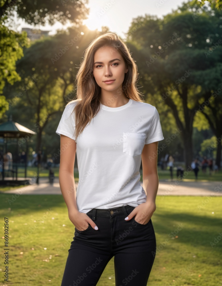 A Girl Wearing Blank White T-shirt At Park A Girl Wearing Blank White T-shirt At Park