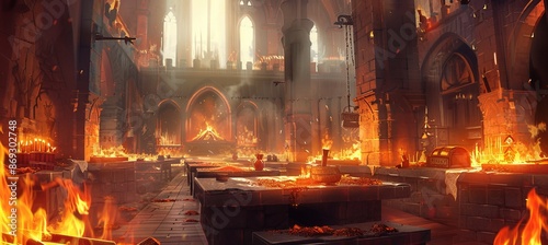 An ancient temple building interior with wood chests and barrels, gold and gems in a cartoon game of a medieval castle dungeon with stone walls, grid gates and a torch flare.