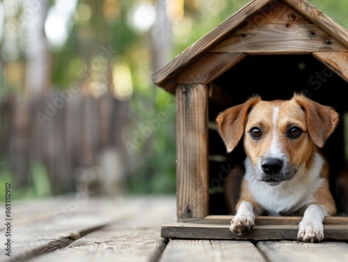 Adorable dog relaxing in a wooden doghouse on a sunny day in the backyard, enjoying the comfortable outdoor environment. photo