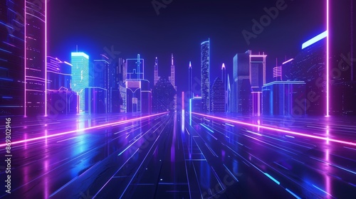 An abstract city building at night with a futuristic neon light trail on a dark background, with a glowing light in the background of the render.