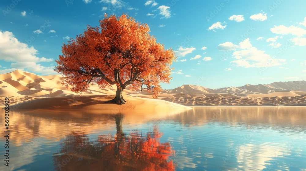 The picture shows a serene pastel landscape with a single golden tree growing on land and in the water. It also shows a beautiful blue sky behind the scene as well. The picture shows a serene pastel landscape with a single golden tree growing on land and in the water. It also shows a beautiful blue sky behind the scene as well.