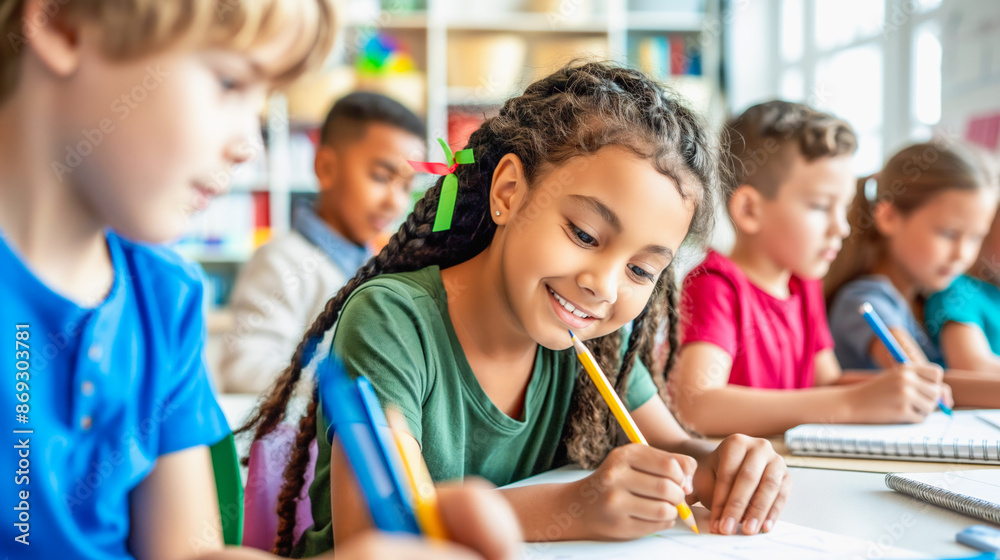 Smiling girl with braids sitting and writing in classroom with other children . Positive learning and friendly enviroment in a school concept. Smiling girl with braids sitting and writing in classroom with other children . Positive learning and friendly enviroment in a school concept.