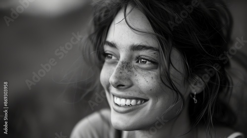 A woman with freckles and long, curly hair smiles. © Galib
